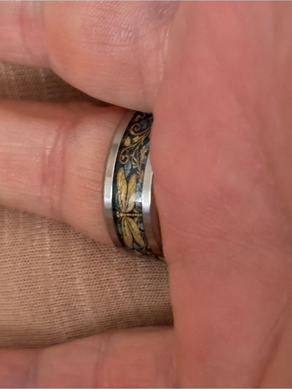 Blue and Gold Dragonfly Inlay Band Ring